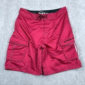 O'NEILL Satin Finish Board Shorts Cargo Pockets Mens 34 Surf Red Swim Trunks 10"